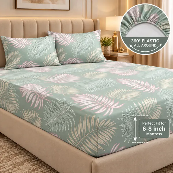 Sage_Green_Tropical_Leaf_Print_Elastic_Fitted_Bedsheet