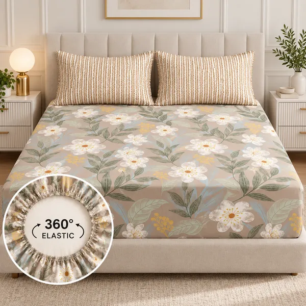 Beige_Floral_Print_Fitted_Bedsheet