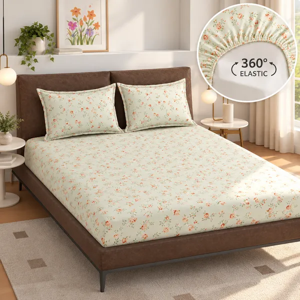 Light_Green_Floral_Print_Fitted_Bedsheet_Set
