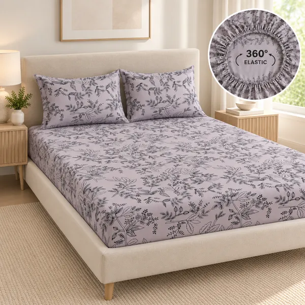 Grey_Floral_Print_Fitted_Bedsheet