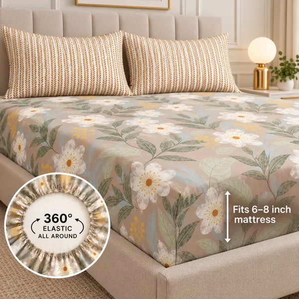 Beige_Floral_Print_Fitted_Bedsheet