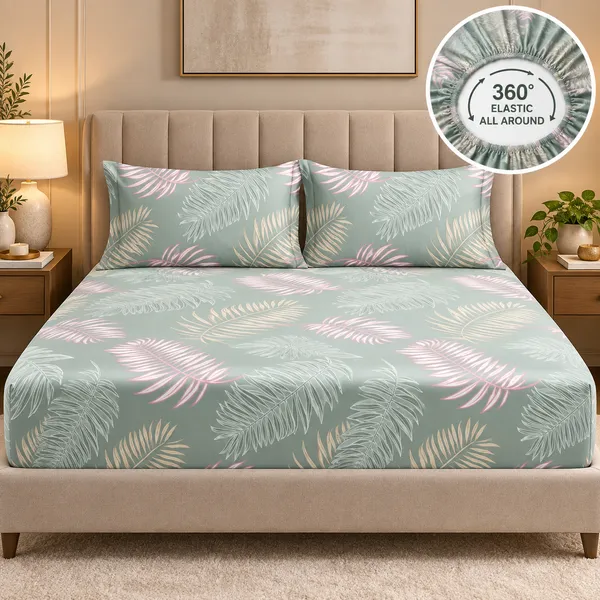 Sage_Green_Tropical_Leaf_Print_Elastic_Fitted_Bedsheet