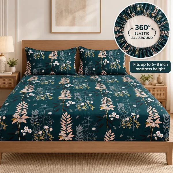 Teal_Floral_Print_Fitted_Bedsheet_Set_With_Pillow_Covers
