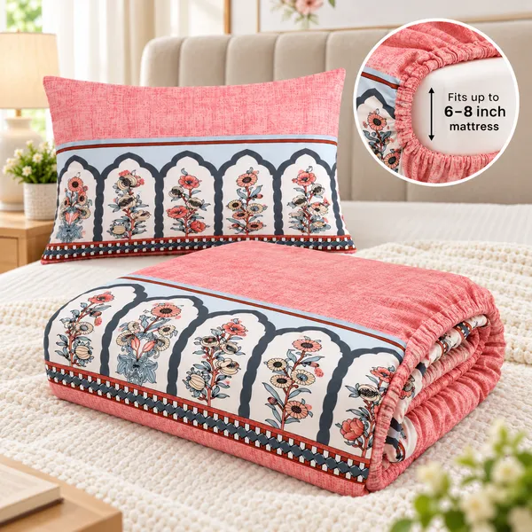 Mughal_|_Single_Bed_Fitted_Bedsheet_+_1_Pillow_Cover_|_360°_Elastic