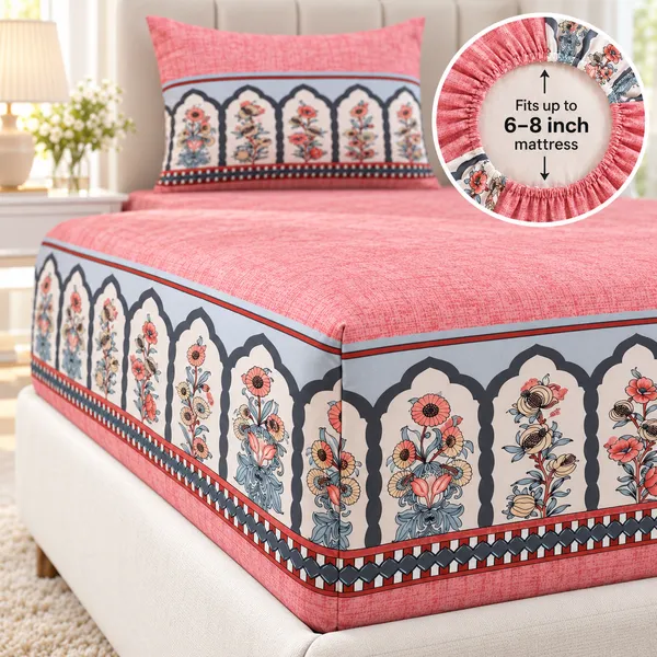 Mughal_|_Single_Bed_Fitted_Bedsheet_+_1_Pillow_Cover_|_360°_Elastic