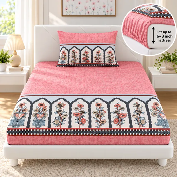 Mughal_|_Single_Bed_Fitted_Bedsheet_+_1_Pillow_Cover_|_360°_Elastic
