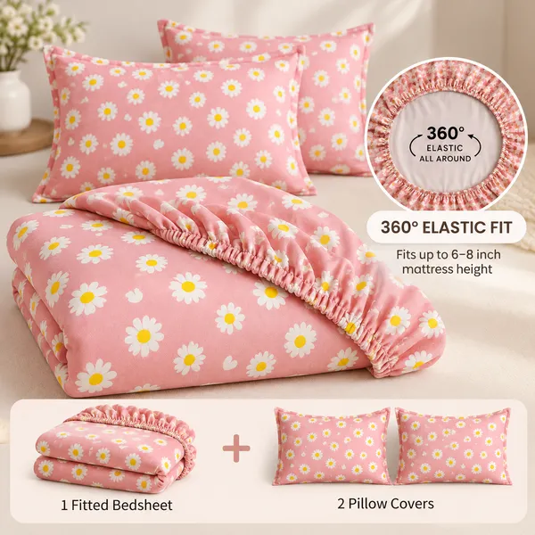 Pink_Floral_Print_Fitted_Bedsheet_Set_With_Pillow_Covers