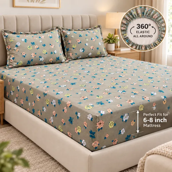 Grey_Floral_Print_Elastic_Fitted_Bedsheet