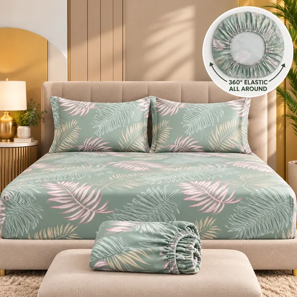 Sage_Green_Tropical_Leaf_Print_Elastic_Fitted_Bedsheet