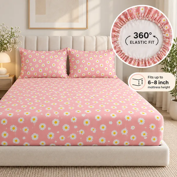 Pink_Floral_Print_Fitted_Bedsheet_Set_With_Pillow_Covers