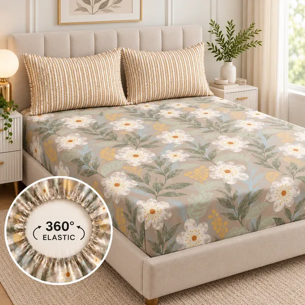 Beige_Floral_Print_Fitted_Bedsheet