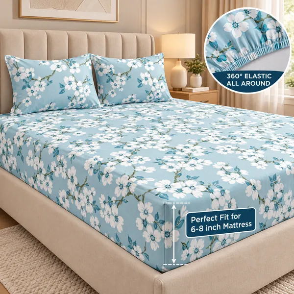 Blue_Floral_Print_Elastic_Fitted_Bedsheet