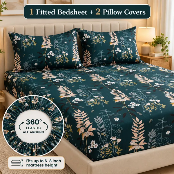 Teal_Floral_Print_Fitted_Bedsheet_Set_With_Pillow_Covers