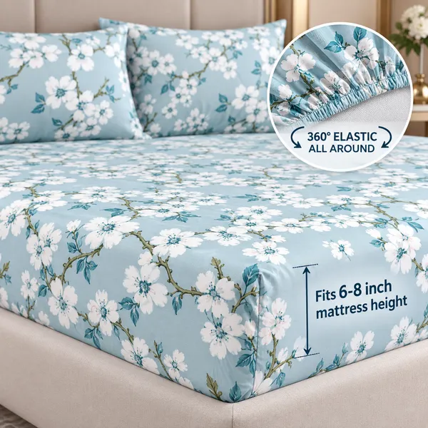 Blue_Floral_Print_Elastic_Fitted_Bedsheet