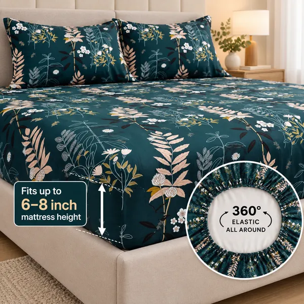 Teal_Floral_Print_Fitted_Bedsheet_Set_With_Pillow_Covers