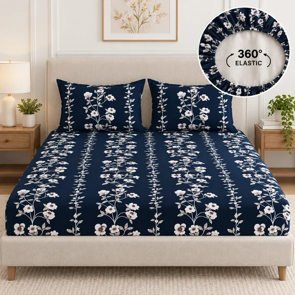 Navy_Floral_Print_Fitted_Bedsheet_Set