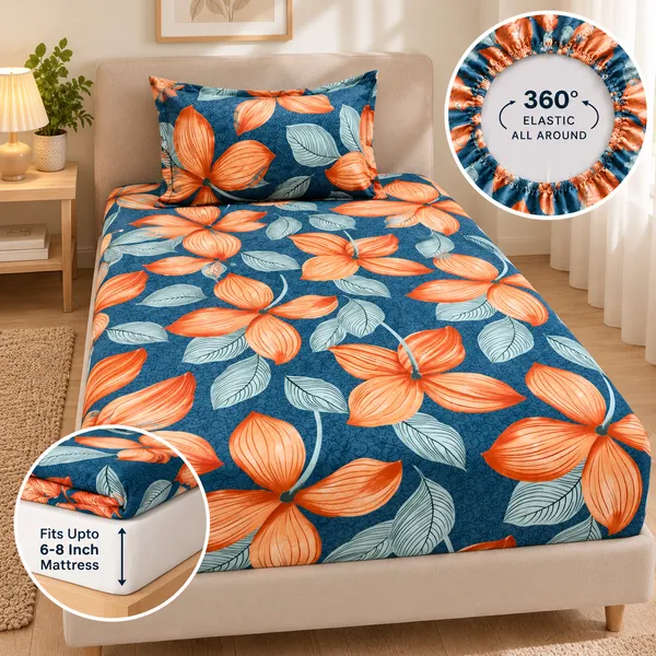 Tangerine_Bloom_|_Single_Bed_Fitted_Bedsheet_+_1_Pillow_Cover_|_360°_Elastic