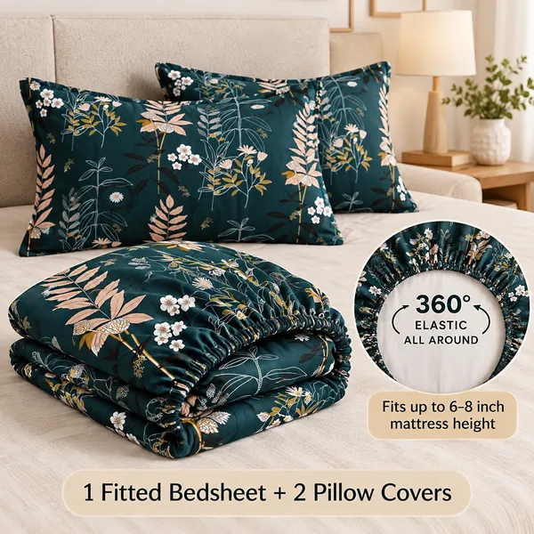 Teal_Floral_Print_Fitted_Bedsheet_Set_With_Pillow_Covers