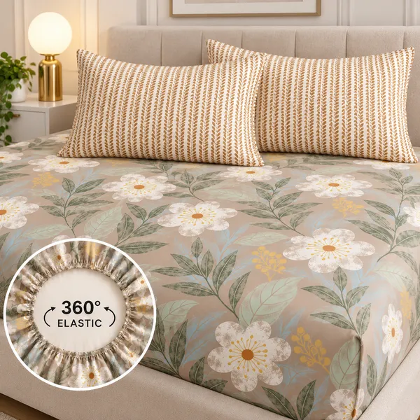 Beige_Floral_Print_Fitted_Bedsheet