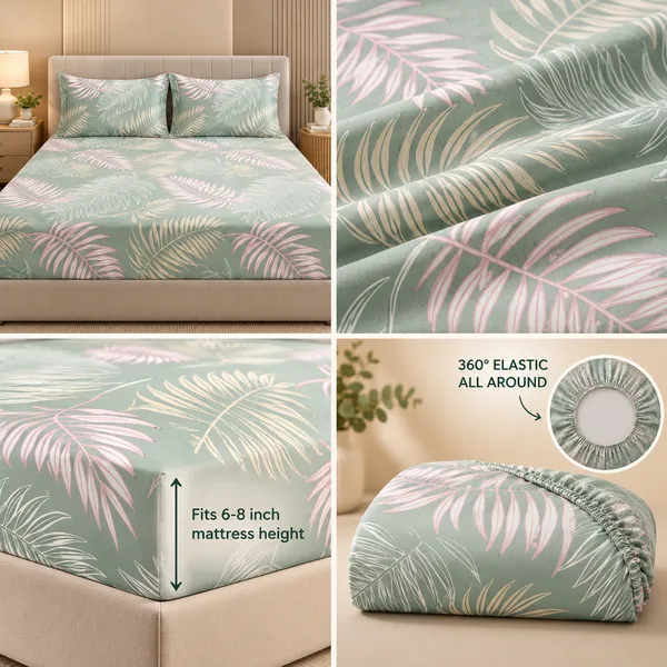 Sage_Green_Tropical_Leaf_Print_Elastic_Fitted_Bedsheet