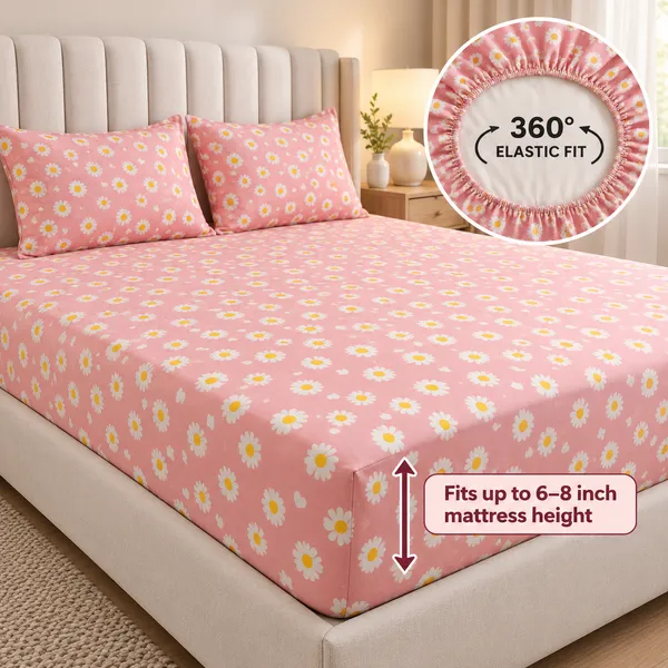 Pink_Floral_Print_Fitted_Bedsheet_Set_With_Pillow_Covers