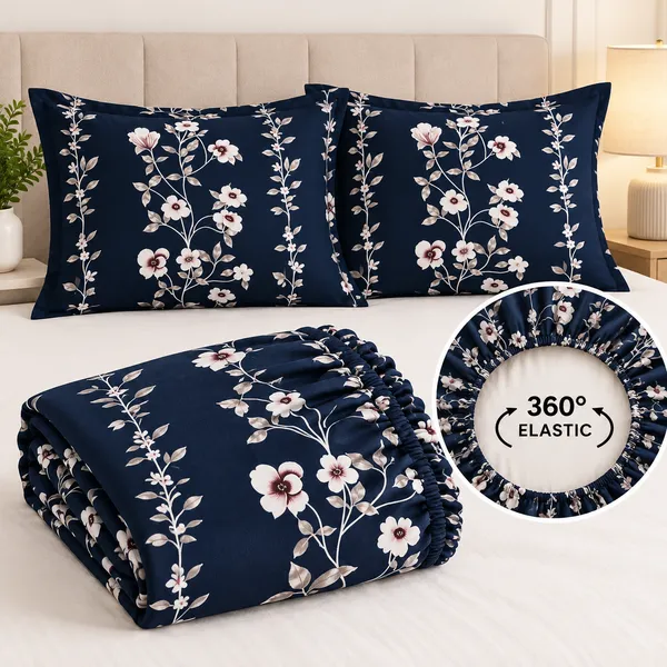 Navy_Floral_Print_Fitted_Bedsheet_Set