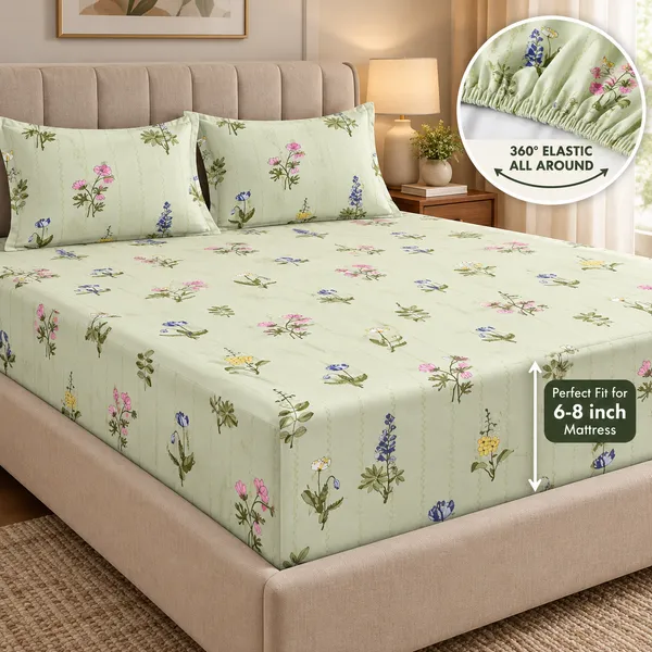 Green_Floral_Print_Elastic_Fitted_Bedsheet_Set