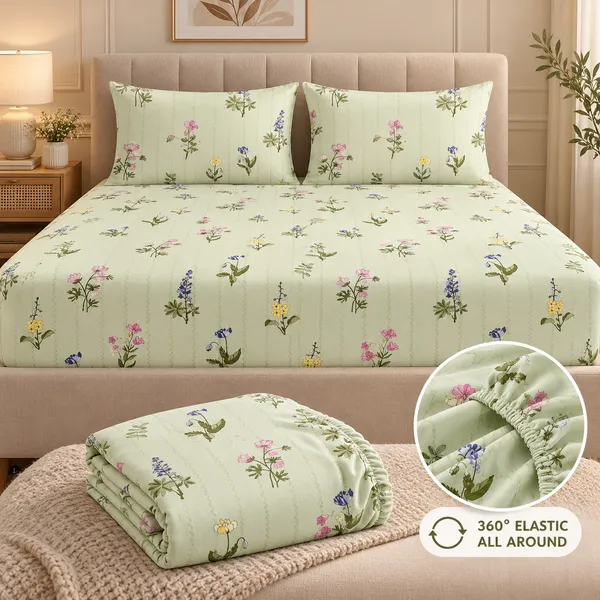 Green_Floral_Print_Elastic_Fitted_Bedsheet_Set