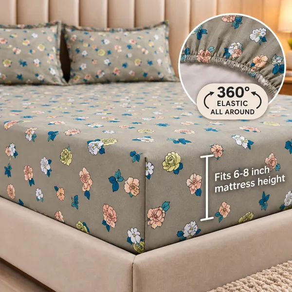 Grey_Floral_Print_Elastic_Fitted_Bedsheet