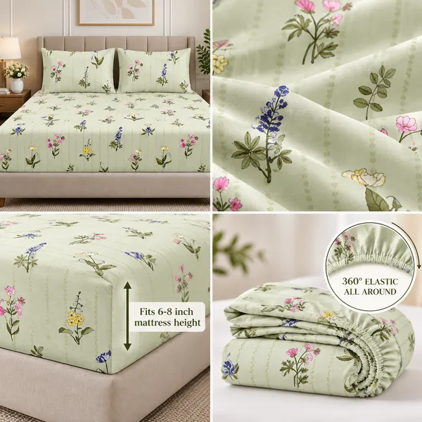 Green_Floral_Print_Elastic_Fitted_Bedsheet_Set