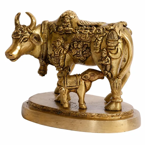 Brass_Kamadhenu_Cow_and_Calf_Idol_with_Devta_Carving_-_4.5_Inches