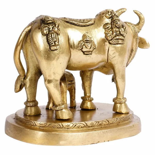Brass_Kamadhenu_Cow_and_Calf_Idol_with_Devta_Carving_-_4.5_Inches