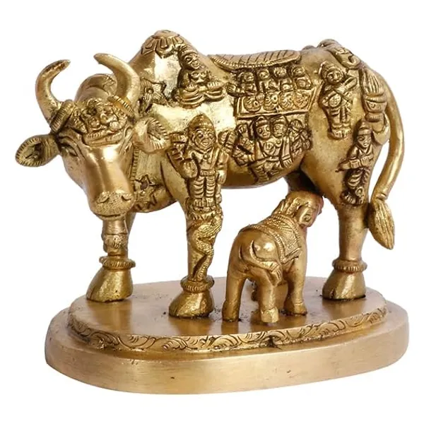 Brass_Kamadhenu_Cow_and_Calf_Idol_with_Devta_Carving_-_4.5_Inches