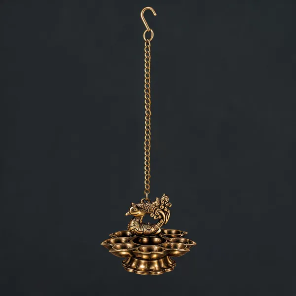 Brass_Traditional_Peacock_Design_7_Wick_Hanging_Diya