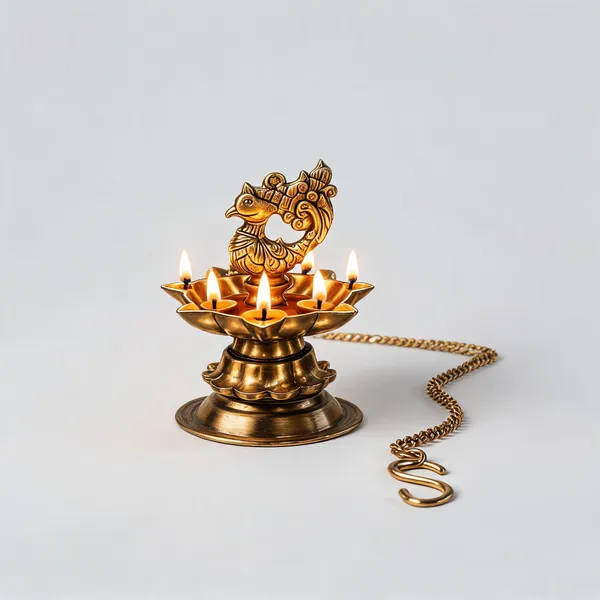 Brass_Traditional_Peacock_Design_7_Wick_Hanging_Diya