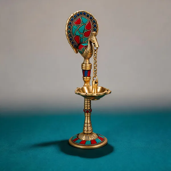 Brass_Handcrafted_Peacock_Diya_Stand_Multi_Stone
