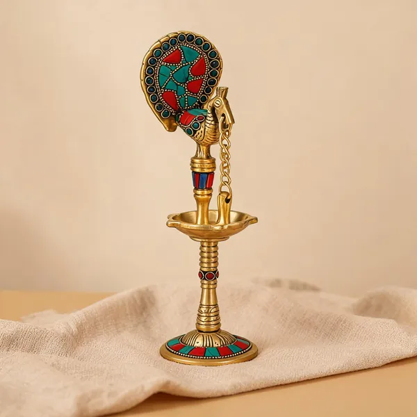 Brass_Handcrafted_Peacock_Diya_Stand_Multi_Stone
