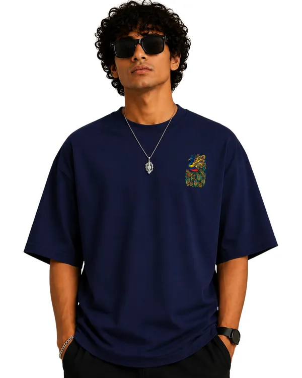 Elevate_Outfit_Men's_100%_Cotton_Oversized_T-Shirt_|_Navy_Blue_Casual_T-Shirt_with_Peacock_and_lord_Krishna_Graphic_|_Half_Sleeve_Round_Neck_Loose_Fit_T-Shirt