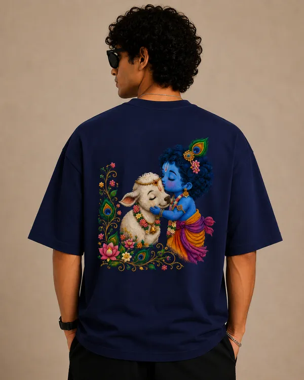 Elevate_Outfit_Men's_100%_Cotton_Oversized_T-Shirt_|_Navy_Blue_Casual_T-Shirt_with_Peacock_and_lord_Krishna_Graphic_|_Half_Sleeve_Round_Neck_Loose_Fit_T-Shirt