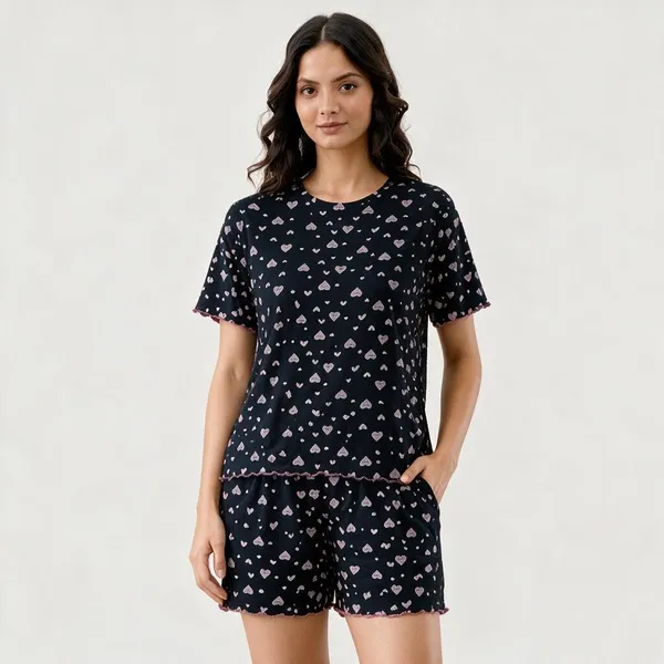 Navy_Cotton_Printed_Short_Sleeve_Night_Suit_Set_For_Women