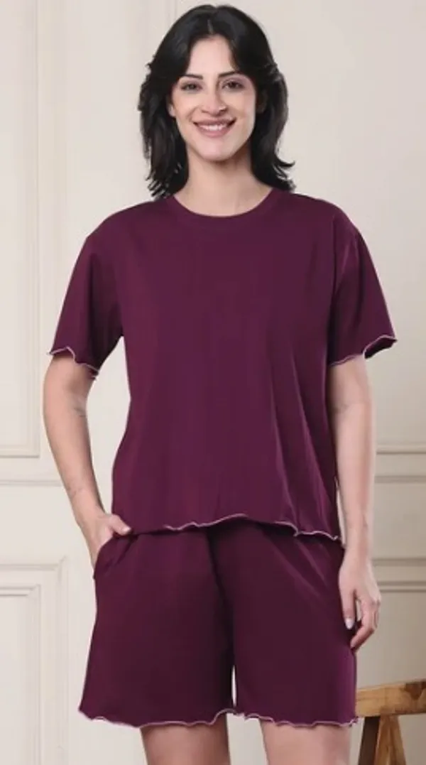 Burgundy_Relaxed_Fit_Short_Sleeve_Night_Suit_Set_For_Women
