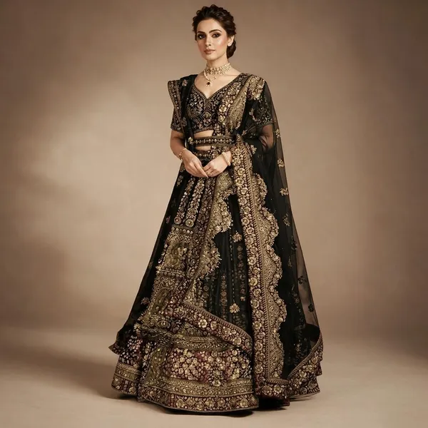 Black_Velvet_Gold_Embroidered_Flared_Lehenga_Choli_Set_For_Women