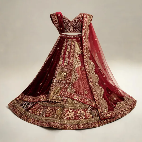 Maroon_Velvet_Gold_Embroidered_Bridal_Lehenga_Set_For_Women