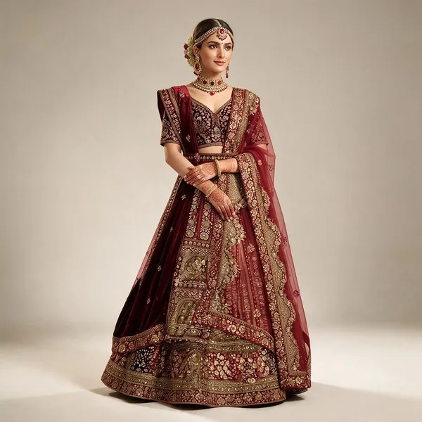 Maroon_Velvet_Gold_Embroidered_Bridal_Lehenga_Set_For_Women