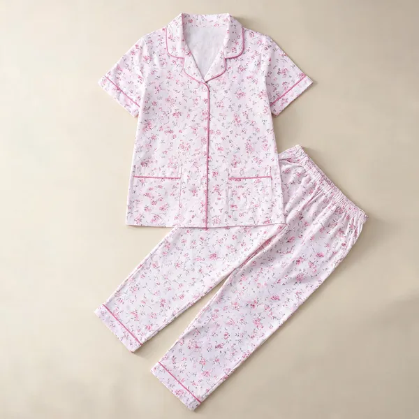 Pink_Cotton_Floral_Print_Short_Sleeve_Night_Suit_Set_For_Women