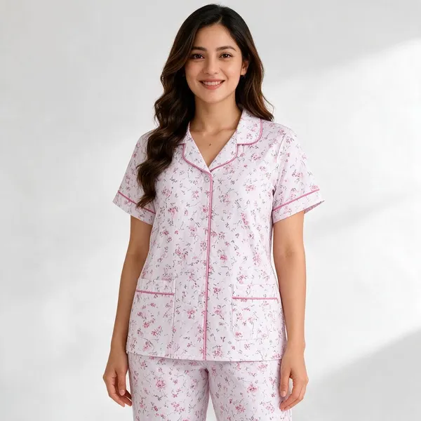 Pink_Cotton_Floral_Print_Short_Sleeve_Night_Suit_Set_For_Women