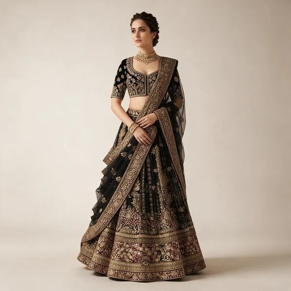 Dark_Green_Velvet_Gold_Embroidered_Bridal_Lehenga_Set_For_Women