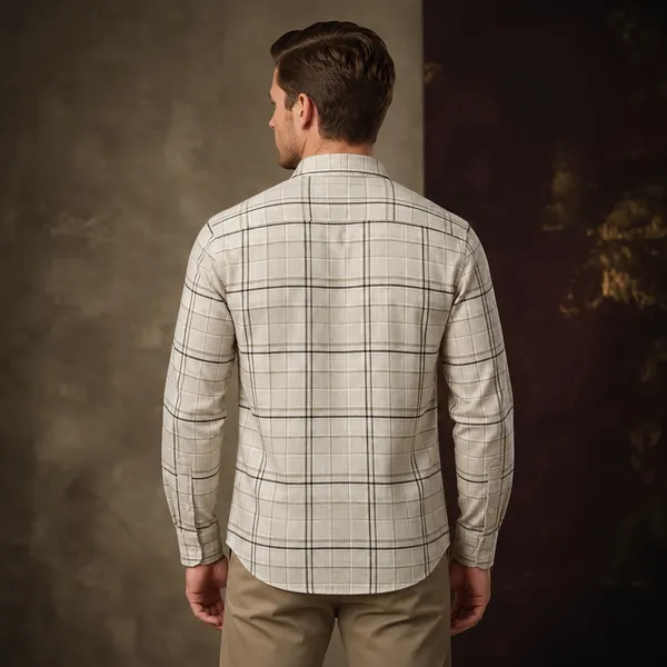Cream_Linen_Oxford_Checkered_Long_Sleeve_Shirt_For_Men