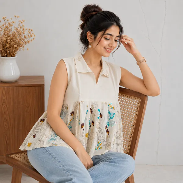 Cream_Khadi_Cotton_Floral_Print_Sleeveless_Peplum_Top_For_Women
