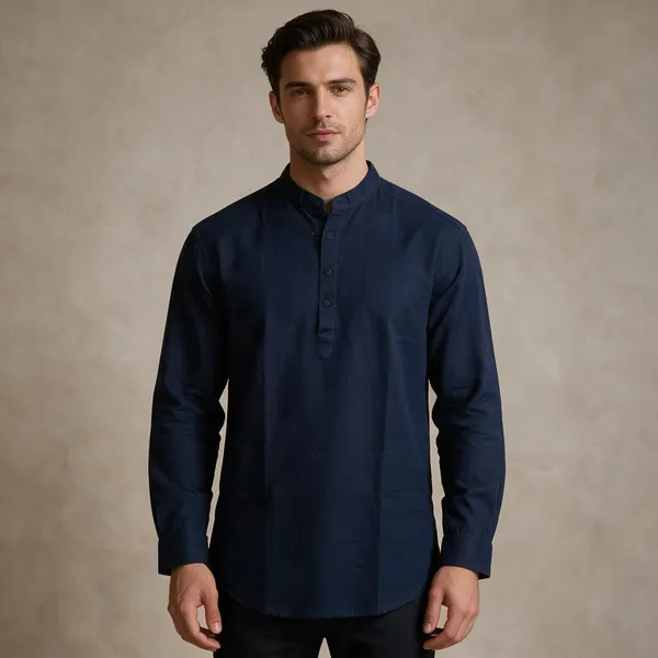 Navy_Blue_Linen_Mandarin_Collar_Kurta_For_Men
